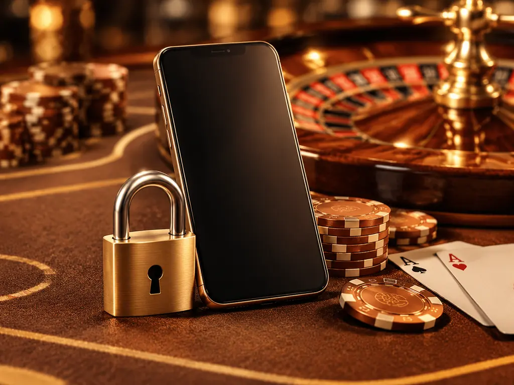 Gembok, ponsel dan keping pada meja kasino