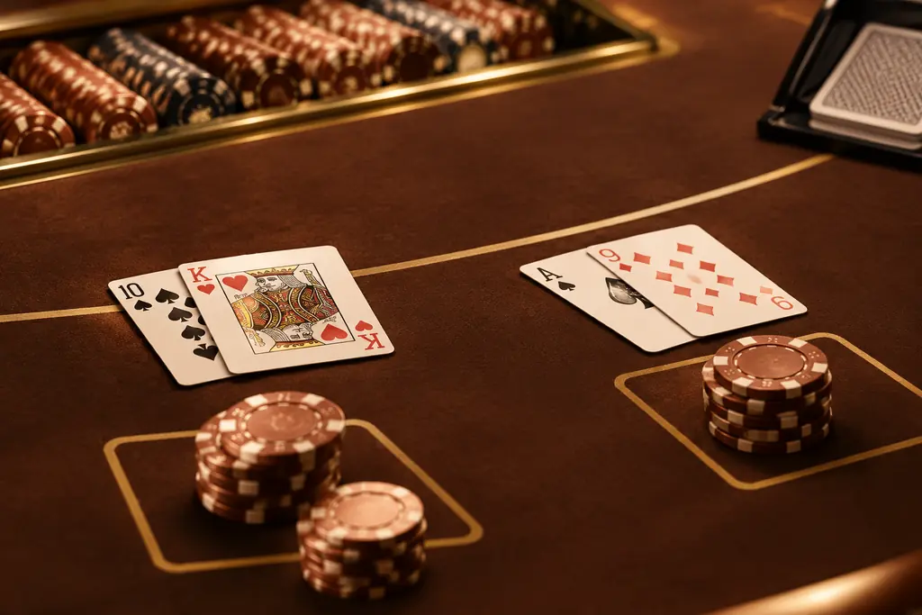 Kartu dan keping pada meja blackjack kasino