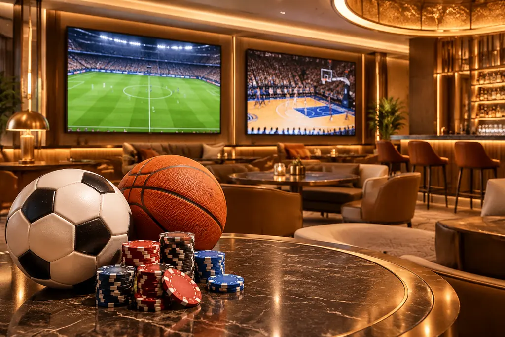 Area olahraga kasino dengan layar sepak bola dan bola basket